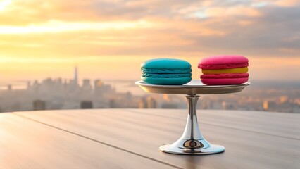 Two colorful macarons sit on a silver stand with the new york city skyline at sunset in the background