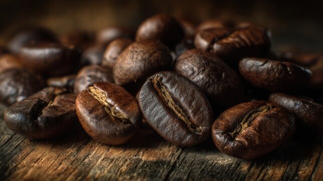 Close up macro of roasted coffee beans on a wooden surface, sharp details, natural lighting, warm tones, appealing for gourmet product photography