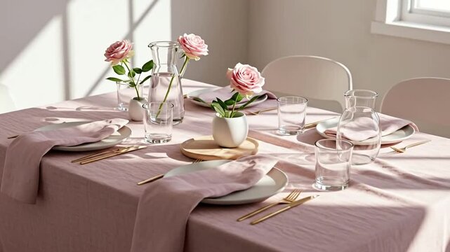 Elegant dining table set with pink linen, delicate roses, and modern dinnerware bathed in soft light.