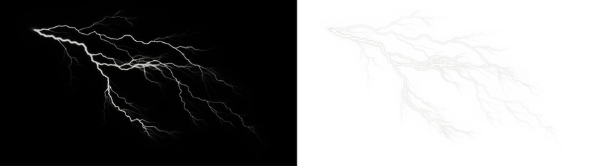Lightning bolt PNG overlay illustration with contrasting black and white backgrounds, showcasing dynamic energy and visual impact for creative design projects