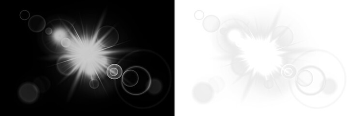 Abstract light burst overlay with soft glowing circles and radiant beams on contrasting black and white backgrounds, ideal for creative design projects and visual enhancements