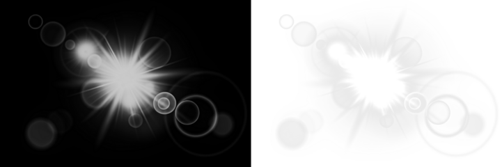 Abstract light burst overlay with soft glowing circles and radiant beams on contrasting black and white backgrounds, ideal for creative design projects and visual enhancements