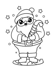 Sweet Christmas Party Kawaii Santa Holding a Giant Candy Cane – Vector Coloring Page for Kids and Adults 