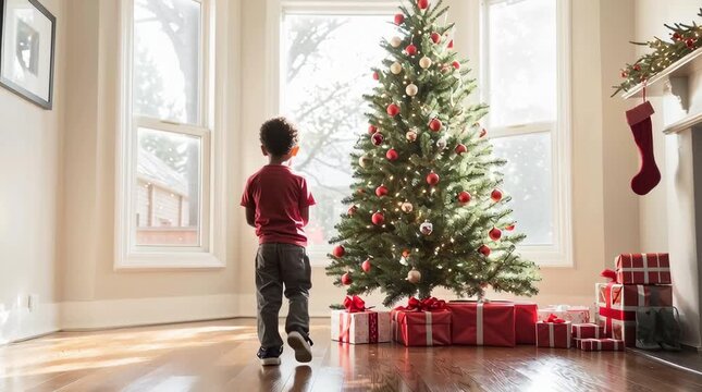 Holiday Dreams: A young child gazes longingly at a decorated Christmas tree, a scene of holiday cheer. Surrounded by gifts, the festive atmosphere is complete.