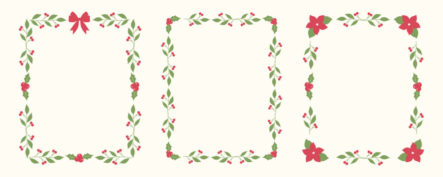 Hand drawn Christmas borders with leaves, berries, mistletoe and bow. Holiday frame design for poster, card, invitation.