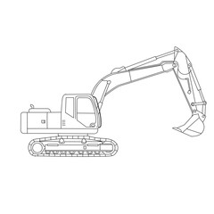 Line art excavator vector drawing of heavy construction machinery equipment with detailed technical outline for industry, engineering, and architecture design