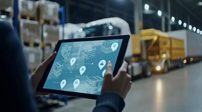 Digital Logistics: A logistics professional adeptly navigates the complexities of modern freight management via a cutting-edge tablet, overseeing a fleet of trucks in a state-of-the-art warehouse.