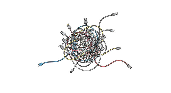 Tangled mess colorful network cables with rj45 connectors