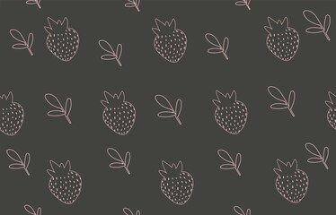 Dark Monochrome Strawberry Line Art Seamless Pattern on Charcoal Background