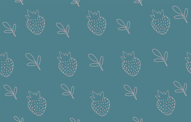 Coastal Teal Strawberry Line Art Seamless Pattern on Slate Blue Background