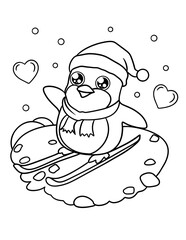 Sweet Christmas Party Cute Penguin Skiing Down a Snowy Hill – Vector Coloring Page for Kids and Adults 