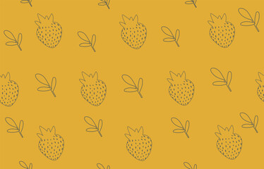 Trendy Golden Strawberry Doodle Seamless Pattern Vector on Mustard Yellow Background