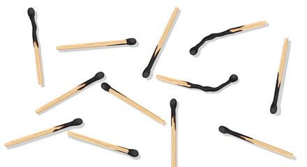Collection burnt matchsticks scattered on, some bent and broken, representing used or finished matches