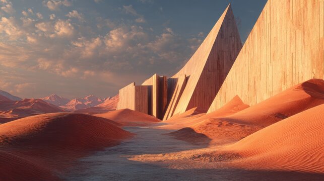 a monumental utopian city hidden within extremely crimson red desert dunes, brutalist triangular and geometric architecture semi-buried in the sand, massive angular concrete structures
