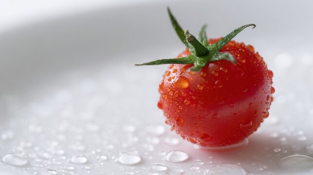 Close up of a single cherry tomato on a white plate, water droplets visible, sharp details, natural light, vibrant and fresh, appealing for food