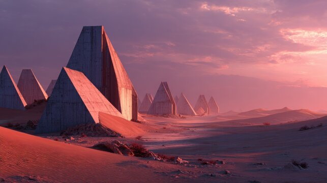 a monumental utopian city hidden within extremely crimson red desert dunes, brutalist triangular and geometric architecture semi-buried in the sand, massive angular concrete structures
