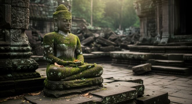 Ancient mossy Buddha statue meditating in overgrown temple ruins - Powered by Adobe