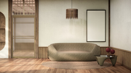 japanese Armchair sofa and table decoration on wabi sabi style. 3D illustration rendering