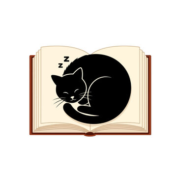 Black cat curled up asleep on an open book, with zzz symbols indicating sleep, representing cozy, peaceful, and studious moment