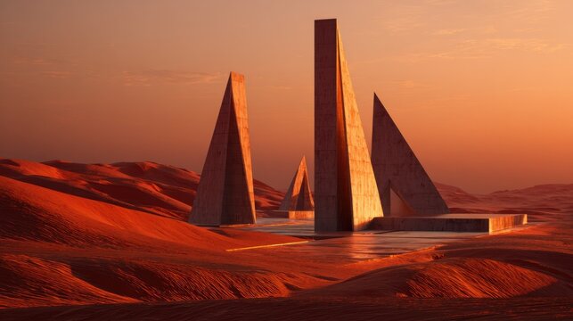 a monumental utopian city hidden within extremely crimson red desert dunes, brutalist triangular and geometric architecture semi-buried in the sand, massive angular concrete structures
