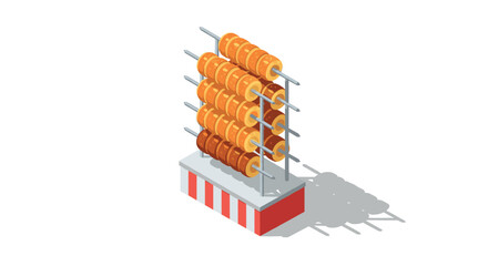 Isometric bagel stand display with colorful assortment on white background