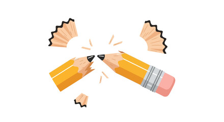 Broken yellow pencil with graphite shavings flying off, symbolizing creative block, frustration, or the end an idea