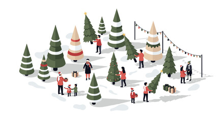 Festive family christmas tree farm in winter wonderland with decorations