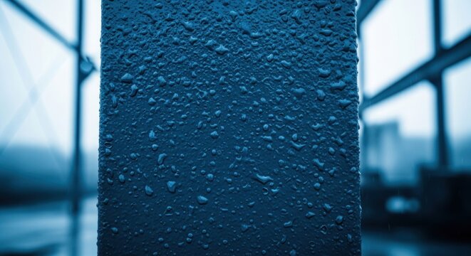 Close-up of a dark blue textured pillar covered in rain droplets