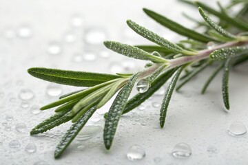 Obraz premium Fresh rosemary branch with water drops on a white surface