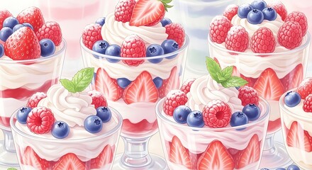 Delicious Berry Parfaits with Whipped Cream and Fresh Fruit.
