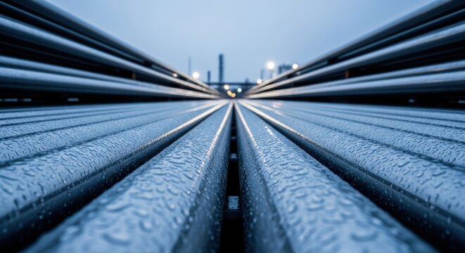 Close-up of wet, parallel metal pipes extending to industrial background