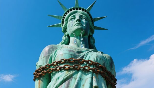 crying statue of liberty.  Statue of Liberty with chains symbolizing oppression under blue sky  