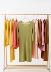 Clothes rack with many colorful garments, green ribbed dress in focus