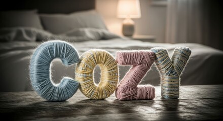 COZY" letters crafted from colorful yarn sit on a table, bedroom background