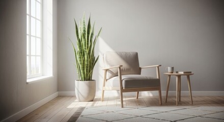 Cozy, sunny room snake plant, armchair, window, side table, rug