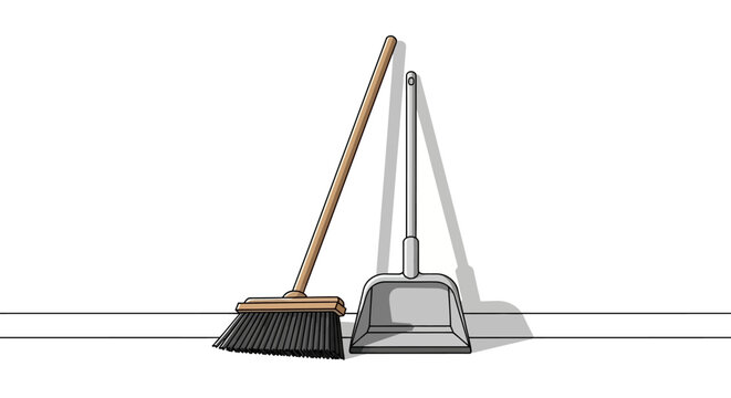 Wooden broom and metal dustpan standing together on surface