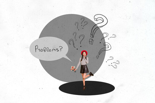 Creative collage showing confused man woman with question marks speech bubble illustrating mental overload life problems