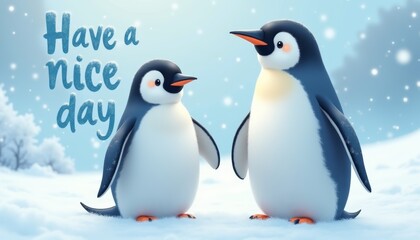 Two cartoon penguins standing on snowy ground with falling snowflakes and trees in the background. Cheerful winter scene with soft blue sky and “Have a nice day” text. Ideal for seasonal greetings.