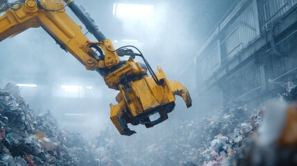 Robotic Arm Sorting Waste In Recycling Facility. Automation In Waste Management