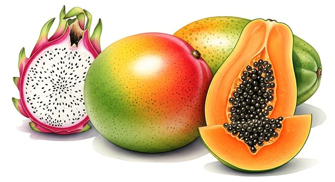 Exotic Fruit Medley - Dragon Fruit, Mango, and Papaya Still Life.
