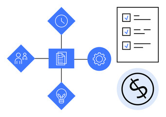 Centralized workflow icons connected to time, people, ideas, and tasks. Features checklist and dollar sign. Ideal for business strategy, financial planning, project management, productivity team
