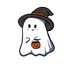 Halloween ghost in a witch hat on a transparent background 