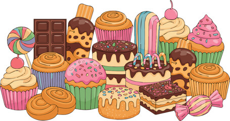 Isolated a Desserts and sweets set. Delicious pastries, candies, lollipop, chocolate, cupcake, cinnamon roll and other cakes. Confectionery and bakery concept. Modern cartoon vector art .