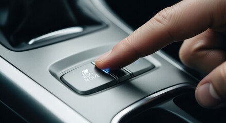 Finger presses glowing ECO MODE button in modern car interior