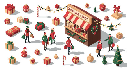 Fototapeta premium Festive holiday market with people shopping for christmas gifts and decorations