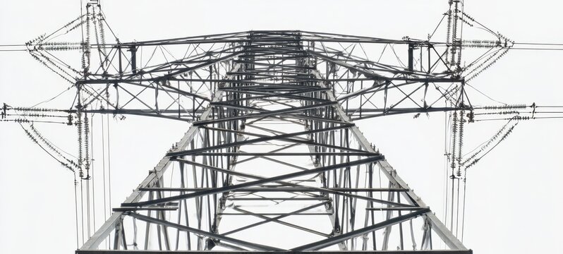 The Transmission Tower Reaching Upward Through A Minimal White Sky With Power Lines