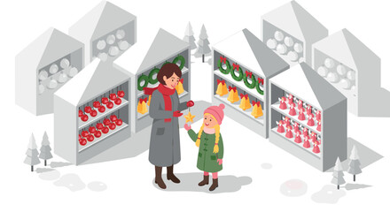 Obraz premium Mother and daughter shopping at a christmas market with festive decor