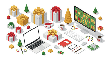 Festive holiday office workspace with gifts, decorations, and tech