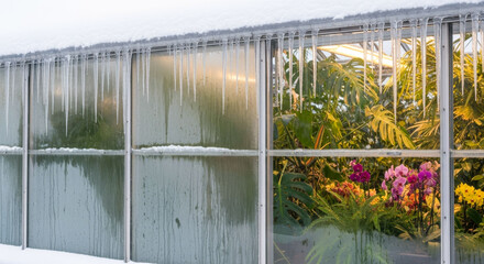 Snow on greenhouse roof with icicles and visible tropical plants behind glass contrast of winter and warmth — sustainable agriculture concept