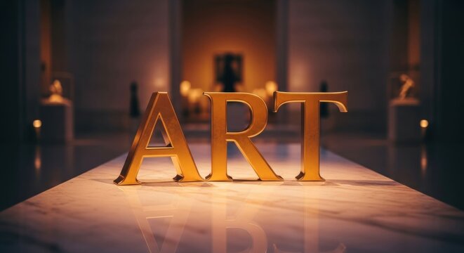 Golden 3D 'ART' letters on marble in a grand, dimly lit museum hall